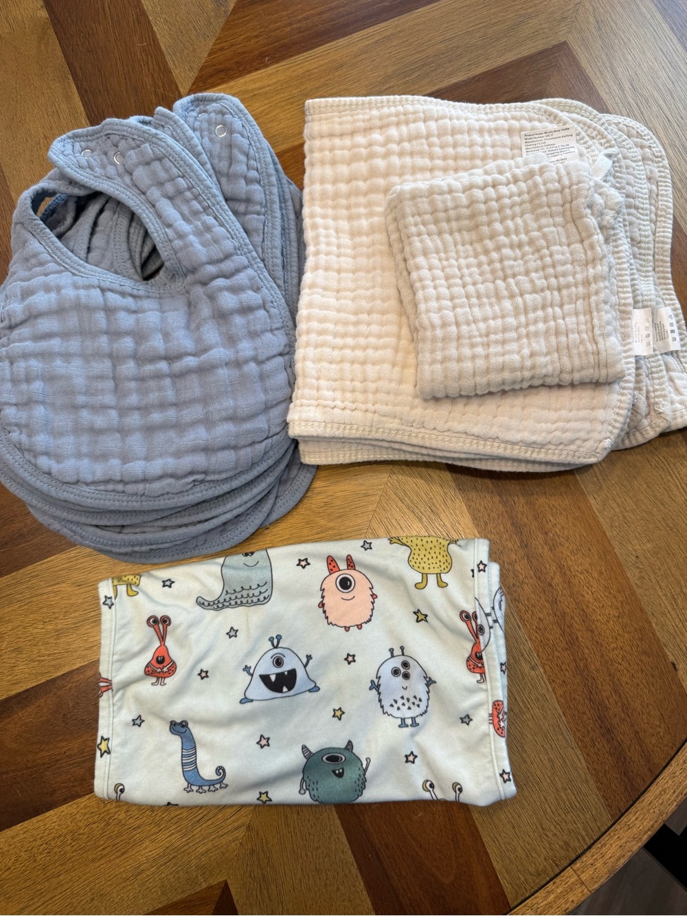 Baby Muslin Bibs, Burp Cloths and Washcloths Set - Blue, Cream, Monster Print